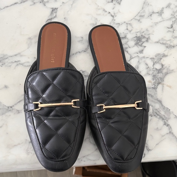 Madden Girl Shoes - Madden Girl Quilted Black Mules with Gold Accent